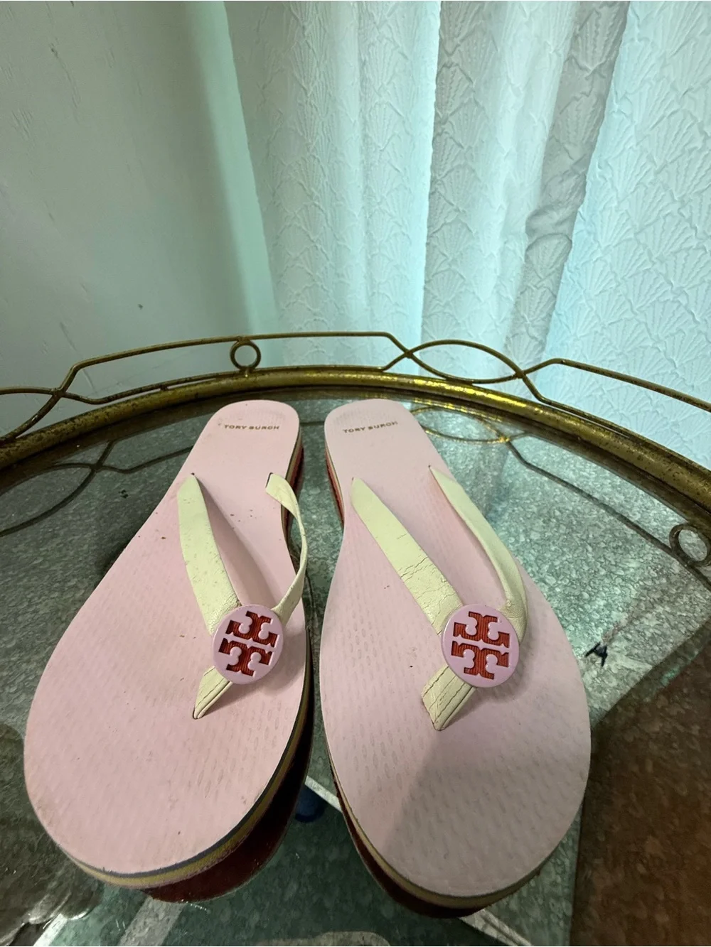 Tory Burch Pink Flip Flop Sandals with Lime Straps
